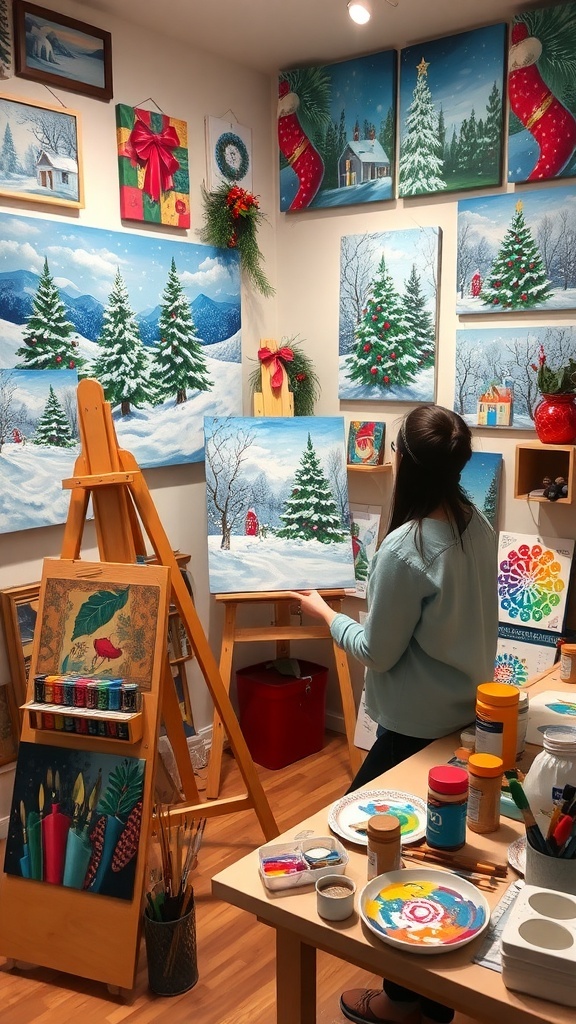 An artist painting Christmas scenes in a festive studio with colorful decorations.